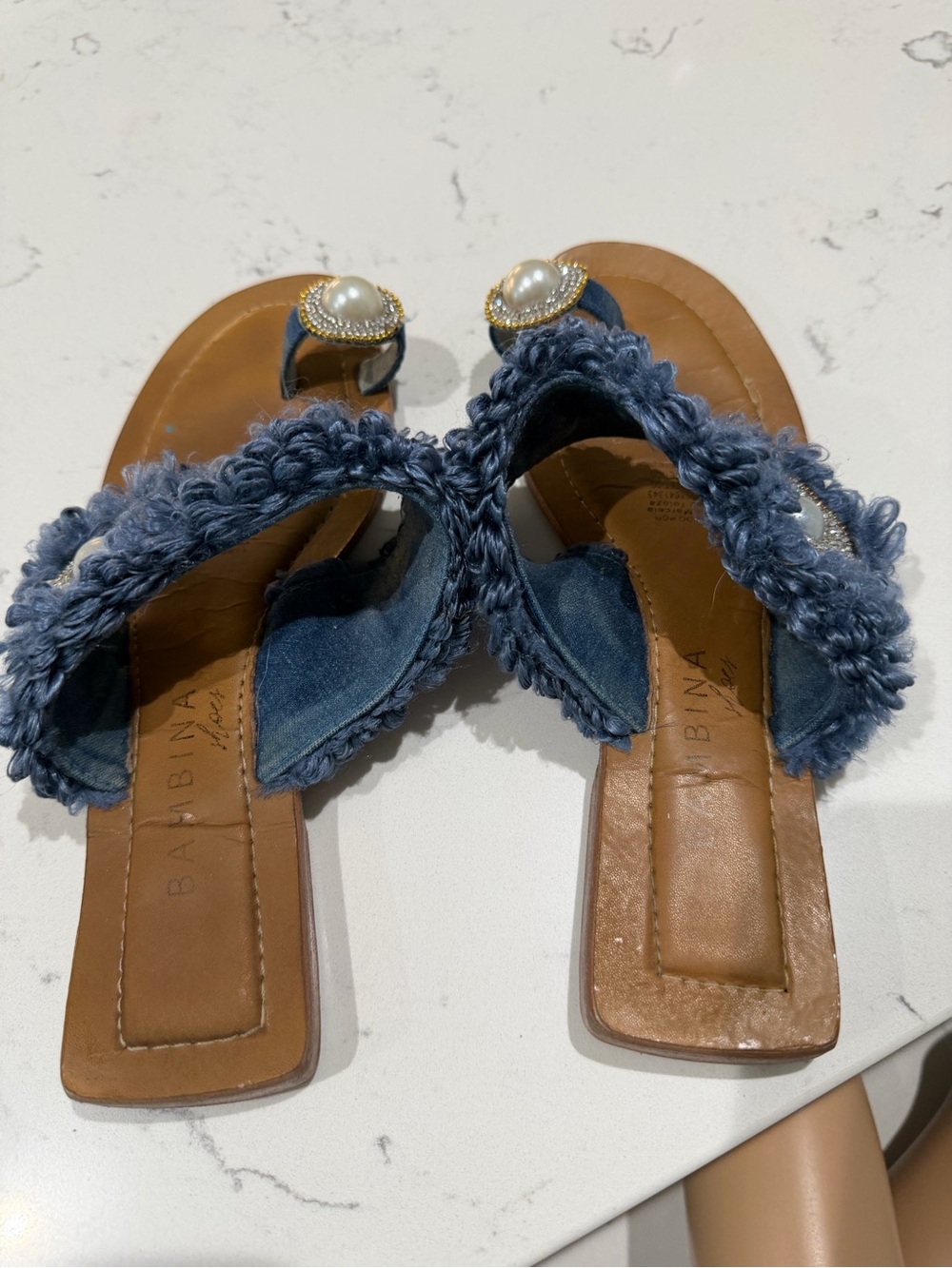 Navy Pearl-Accent Fringe Toe-Ring Sandals
